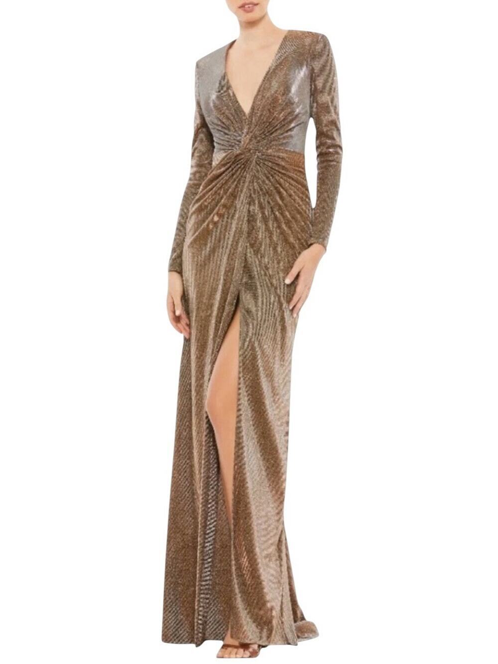 Mac Duggal 261941 Bronze Shimmer Long Sleeve High Slit Gown Size 6 $298